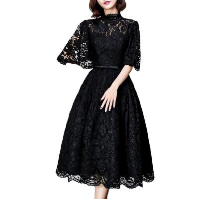 China China Summer Evening Party Black Lace Long Sleeve Puff Waist Ladies Dresses Knee-Length Casual Slim Breathable Dress Wholesale for sale