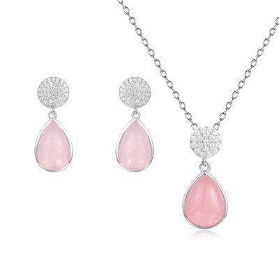 China Beldan TRENDY necklace jewelry 925 Sterling Silver Rose Quartz Earring set drop pear shape OEM design silver fashion jewelry for sale