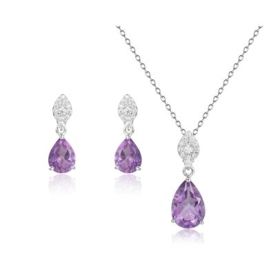 China Beldan TRENDY 925 Sterling Silver Amethyst Earring Necklace jewelry sets drop pear shape OEM design silver fashion jewelry for sale