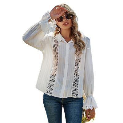 China 2021 spring new women's lace shirt collar hollow white patchwork comic anti-wrinkle anti-wrinkle for sale