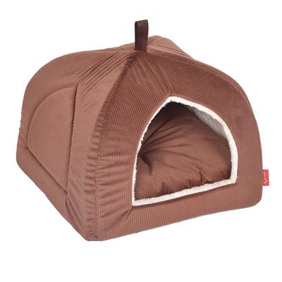 China Sustainable Wholesale Cozy Cute Pet Bed Cave Brown Folding Cat Dog Bed House for sale