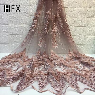 China Sustainable Luxury African HFX Lace 3D Flower Beads Lace French Tulle Lace For Dress for sale