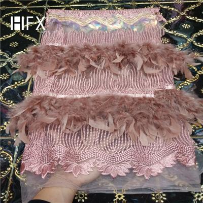 China 2019 Newest HFX Viable Lace High Quality African French Tulle Lace Fabric With Feather for sale