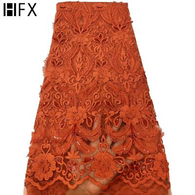 China HFX 2020 High Quality Orange Burnt African Embroidered Sequin Tulle Mesh Lace Fabric Viable For Party for sale