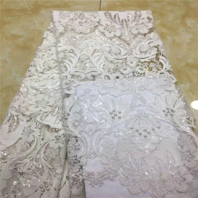 China 2019 Viable Hot Selling Nigerian Embroidered Lace Fabric For Wedding Dress With Beads French Lace Fabrics for sale