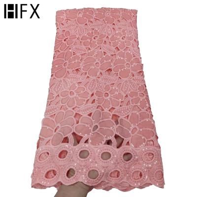 China HFX New Arrival 2021 African Water Soluble Lace Fabrics High Quality Sequined Guipure Rope Lace Fabric 5 yards for sale