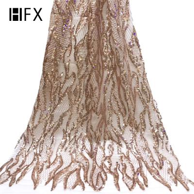 China New Nigeria Viable HFX Lace Fabric African Tulle Embroidery Sequin Lace Fabric For Dress for sale