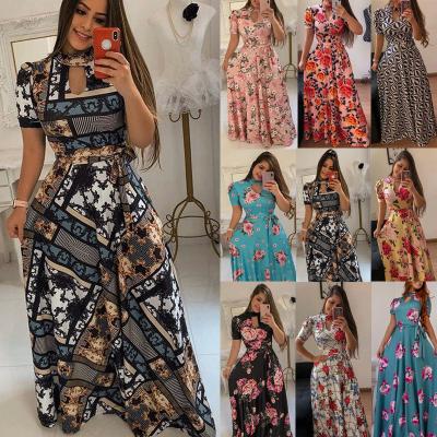 China Breathable Women's Maxi Dress Floral Printed Chiffon Gala Cutout Casual Swing Short Line One Long Sleeve Gauze With Belt Plus Size S-5XL for sale