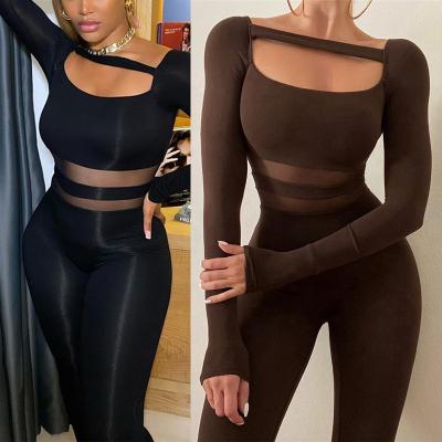 China High Quality QUICK DRY Women's Winter Clothes Patchwork Sexy U - Waist Mesh Long Sleeve Bodysuit Women Overalls High Neck Stylish for sale