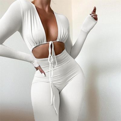 China New Trend Solid Color V-Neck Rib Fabric Long Sleeve Jumpsuits Women's Sexy Overalls Deep Jumpsuit QUICK DRY for sale