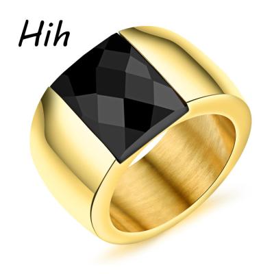 China Stainless Steel Fashion Stainless Steel Gold Plated Black Stone Jewelry New Gold Ring Patterns For Men for sale