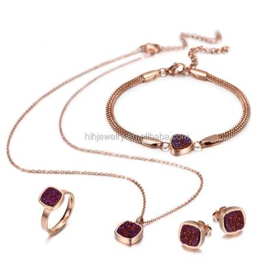 China Wholesale Stainless Steel Fashion Druzy Earrings Necklace Women Pendant Jewelry Set for sale