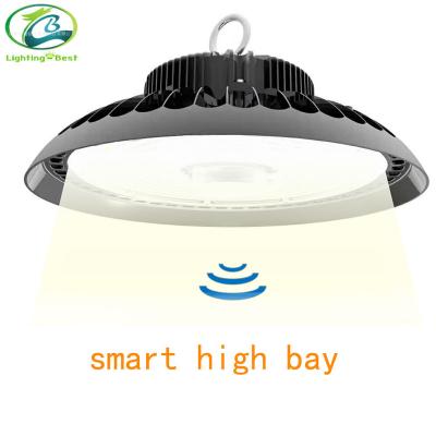 China High Bay LED Warehouse Light 200W IP65 UFO Light Black Circular Warehouse Bracket Lamp High Bay Mining Light With Microwave Motion Sensor for sale