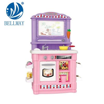 China Plastic Bemay Toy Newest 2 IN 1 Pretend Play Toys Set Luxury Kitchen Cooking Toys Drawing Board For Girls for sale