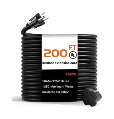 China 200FT Outdoor Home Appliance Extension Cord Black Heavy Duty Waterproof 3 Prong Power Flexible Extension Cord for sale