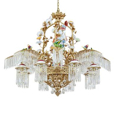 China New Product K9 Luxury Home Antique Gold Design Mid Century Decor Brass Chandelier With Brass Crystal Flower Porcelain Chandelier for sale