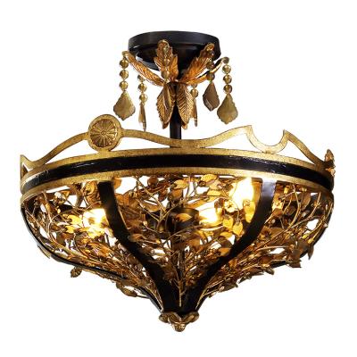 China Antique High End French Black Iron Empire Crystal Pendant Light Basket Semi Suspended Flush Mount Ceiling Light for sale