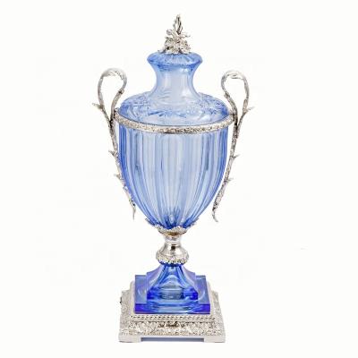 China Jiangmen Factory Handmade Crystal Glass Vases Decorative Blue With Lid Modern Luxury Home Decorations Trophy Cup For Secretary In Study for sale