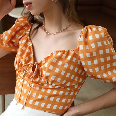 China Fashion Women Anti-pilling Crop Blouse Women 2021 Top Short Sleeve Blouses Plaid Printed for sale