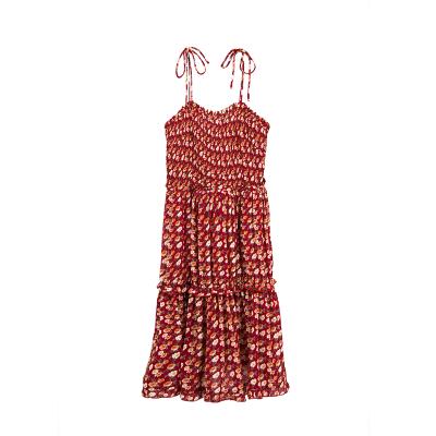 China Anti-Static Wholesale Red Floral Printing Sweat Spaghetti Strap Sleeveless Beach Dresses for sale