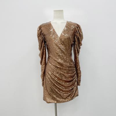 China Anti-wrinkle Polyester Sheath One Piece Dress Irregular Deep V Neck Ruched Sequin Gold Party Women Dress for sale