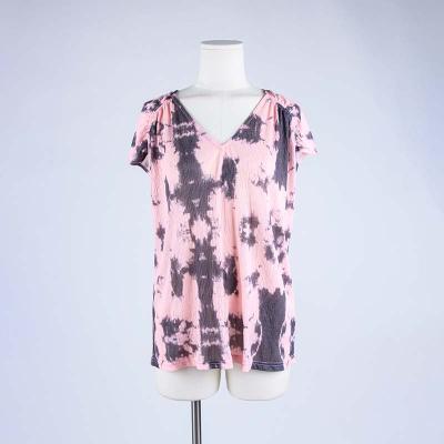 China QUICK DRY Short Sleeve Summer V-Neck Women Casual Knitted Tie Dye T-shirt Cotton Graphic Tee for sale