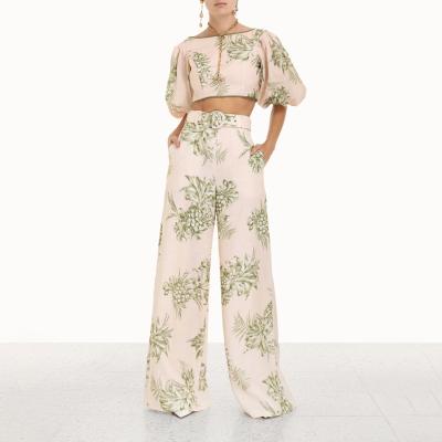 China Anti-pilling 2 Piece Crop Top And Wide Leg Pants With Belt Sets Solid High Waist Women's Stylish Casual 2 Piece Set for sale