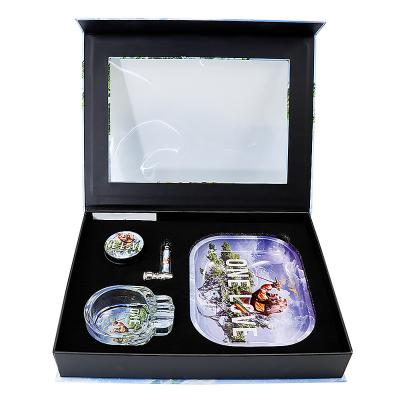 China GRINDER Custom Logo Glass Ashtray Cartoon Metal Alloy Herb Grinder Pipe Cigarette Tobacco Rolling Tray Gift Set for sale