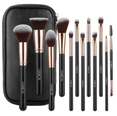 China Angular Blush Synthetic Hair Aluminum Tube Wood Handle 12 Piece PU Bag Zipper Cosmetic Makeup Brush Set Black Round Drums for sale