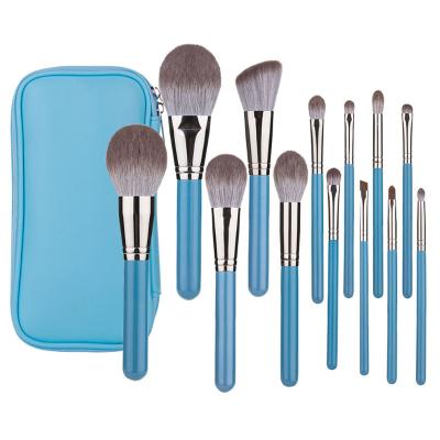 China Angular Blush Hot Private Selling Cruelty Free Logo PU Blue Bag 13 Piece Women Makeup Cosmetics Brush Base Brush Set for sale