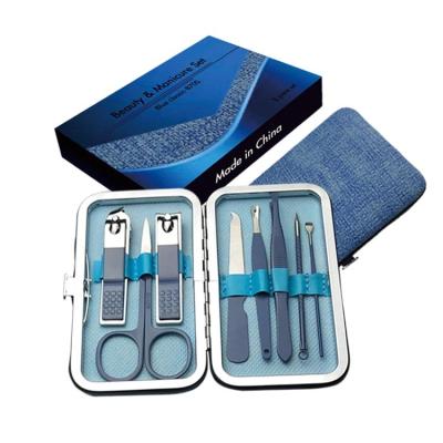 China Beautiful New Full Stainless Steel+PU Professional Wholesale Custom Leather 8 Bath Grooming Manicure And Pedicure Set Tools Blue Box for sale