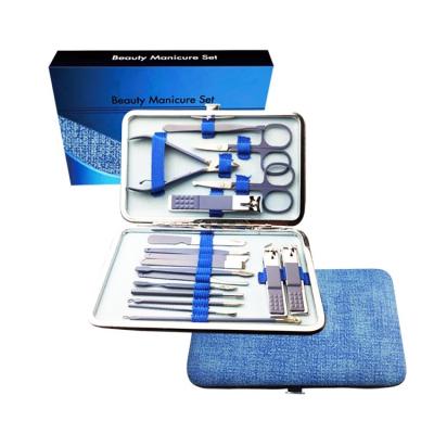 China Beautural Stainless Steel PU Bag 18 In 1 Professional Stainless Steel Voucher Nail Clippers Quick Male Manicure Set Sets Blue Leather Box for sale