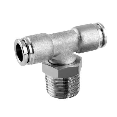 China Building Material Shops PB T Type Stainless Steel Tee Union Thread Straight Push In Connector Fittings Pneumtaic Quick-Plug Quick-Fitting for sale