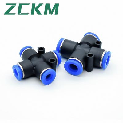 China Material of Construction Shop Pneumatic Plastic Four Way One Touch Connector Fittings PZA Quick Push In Fittings For Air / Water Hose Quick Couplings for sale