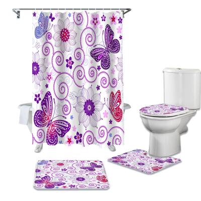 China Polyester Sustainable Shower Curtain Set Modern Non Slip Covers, Toilet Lid Cover And Bath Mat Modern Style Shower Curtain for sale