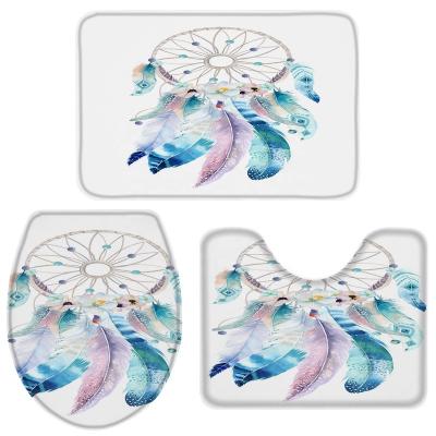 China Bohemian Style Viable Dream Pattern Catcher Non-Slip Bath Mat Set 3 Piece Washable Cover Set With Microfiber Toilet Lid Cover Mat for sale