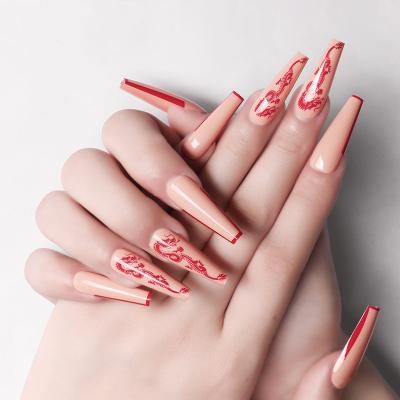 China Eco-Friendly China Style Dragon Long Ballerina Full Cover Red Fake Coffin Nails Press On Nails Private Label for sale