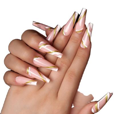 China New Line ECO-Friendly Ins Style Gold Press On Nails Long Coffin Nails Private Label Fake Nails for sale