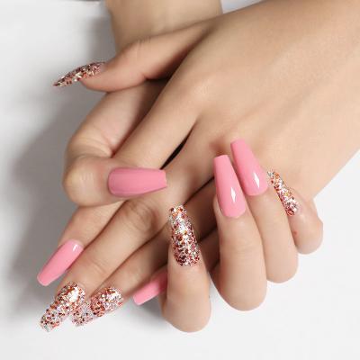 China Eco-friendly Hot Selling Ins Pink Color Press On Nails Private Label Irregular Glitter Coffin Long Fake Nails for sale