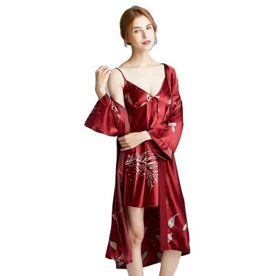 China Wholesale QUICK DRY ice silk nightgown wholesale bridal home robe sleepwear morning robe loose printed silk bathrobe set for sale