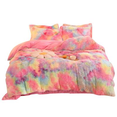 China King Size Tie Dye Luxury Anti-Static Plush Bedspread Winter Shaggy Ultra Soft Fluffy Bed Sets Faux Fur Fluffy Plush Bedding Set for sale