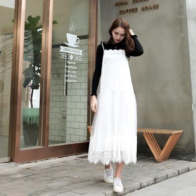 China Elegant White Lace Trim Dress Polyester Spring Fashion Slip Dress Female Office Vacation for sale