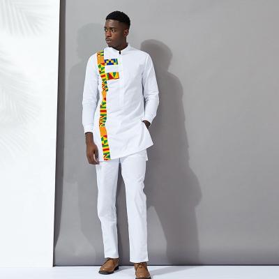 China Vintage African White Fresh Wear Mens Long Sleeve Cotton Mens Clothing Wax Print Two Piece Sets for sale