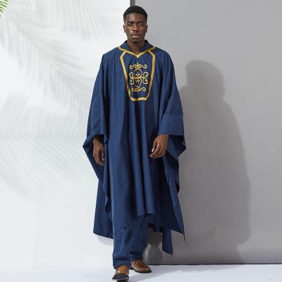 China African Cotton Men Clothes Harness Blue Unisex Fresh Wear Long Sleeve African Wax Embroidery Men Three Piece Sets for sale