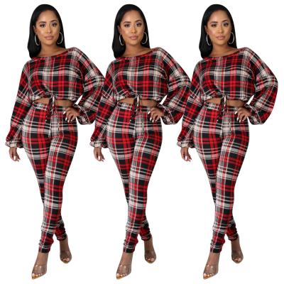 China Wefans 2020 Breathable Fall And Winter Fashion Long Sleeve Plaid Pencil Pants 2 Piece Set Women Clothing Suit for sale