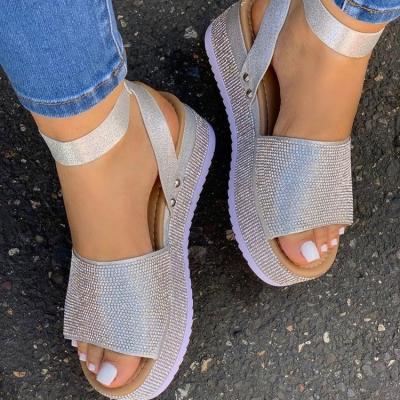 China Wefans Breathable 2021 Summer New Style With Rhinestone Color Diamond Word Buckle Women Shoes Flats Sandals Large Size Ladies for sale