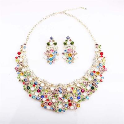 China 2020 Vintage Europe And America Exaggerate Bridal Wedding Crystal Earring Necklace Jewelry Colorful Women Fashion Set for sale