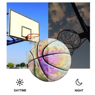 China PU Safe Rainbow Glow Outdoor Holographic Basketball Light Up Camera in Dark Customized Basketball Reflective Logo for sale