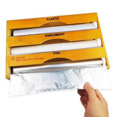 China 2022 New Sustainable 3 Tender In Organizer 1Kitchen Wood Bamboo Cling Film Aluminum Foil Plastic Wrap Dispenser With Cutter For Drawer for sale