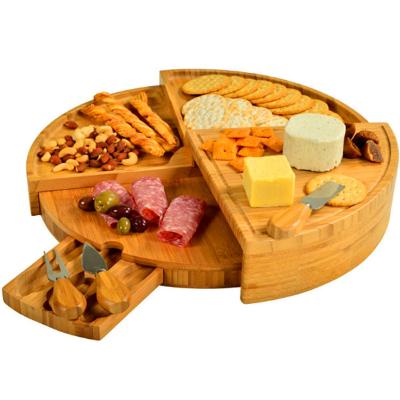 China Sustainable Bamboo Cheese Dish Tray Hidden Cutlery Drawer Around Bamboo Cheese Board With Knife Sets for sale